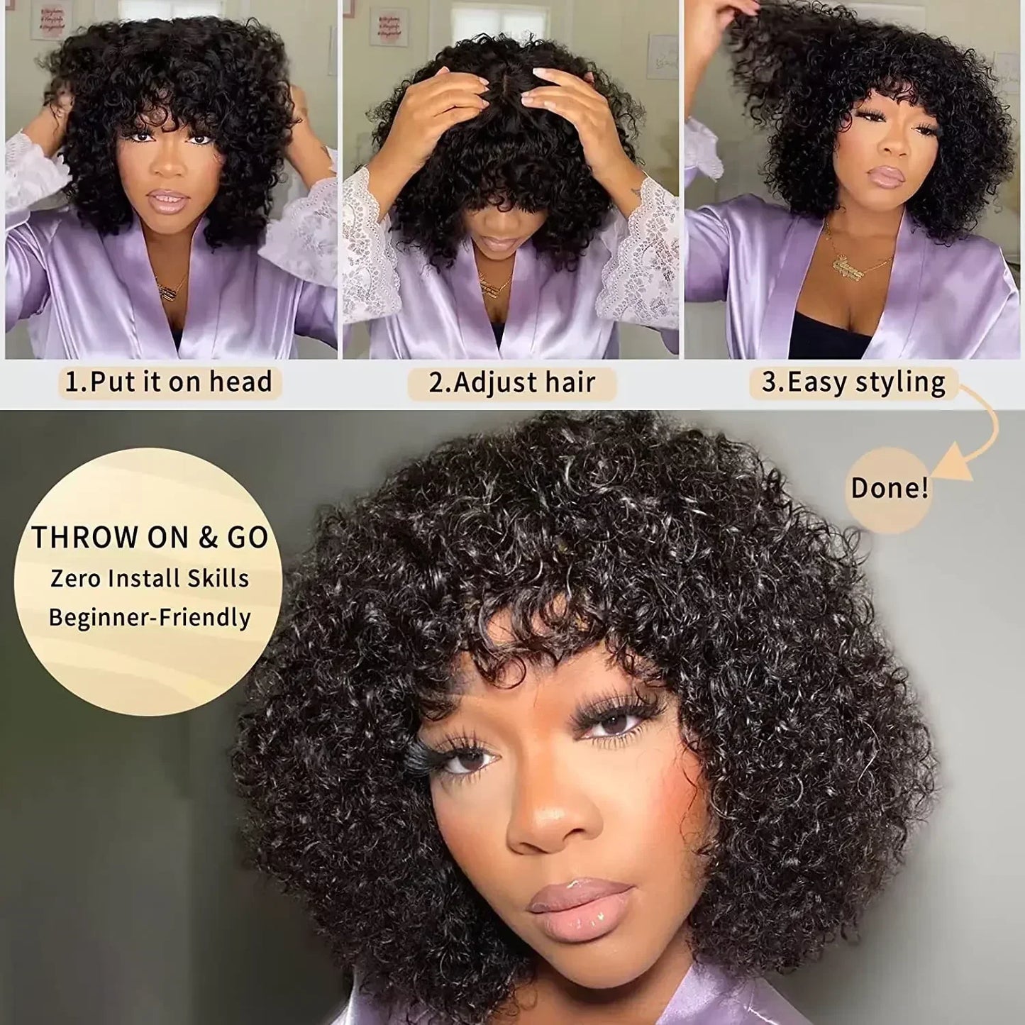 Crown Glueless Curly Bang Wig
