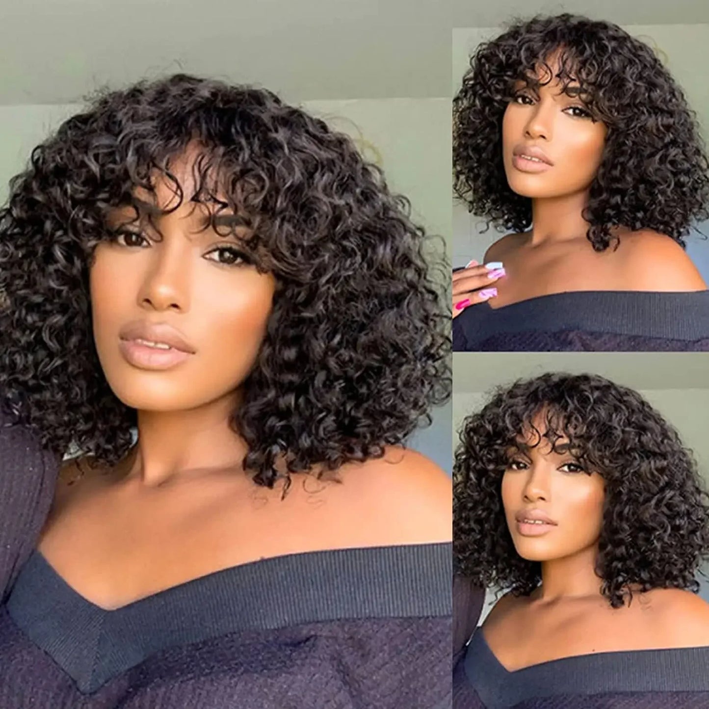 Crown Glueless Curly Bang Wig