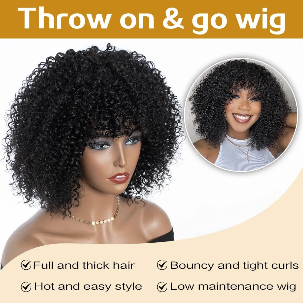 Crown Glueless Curly Bang Wig