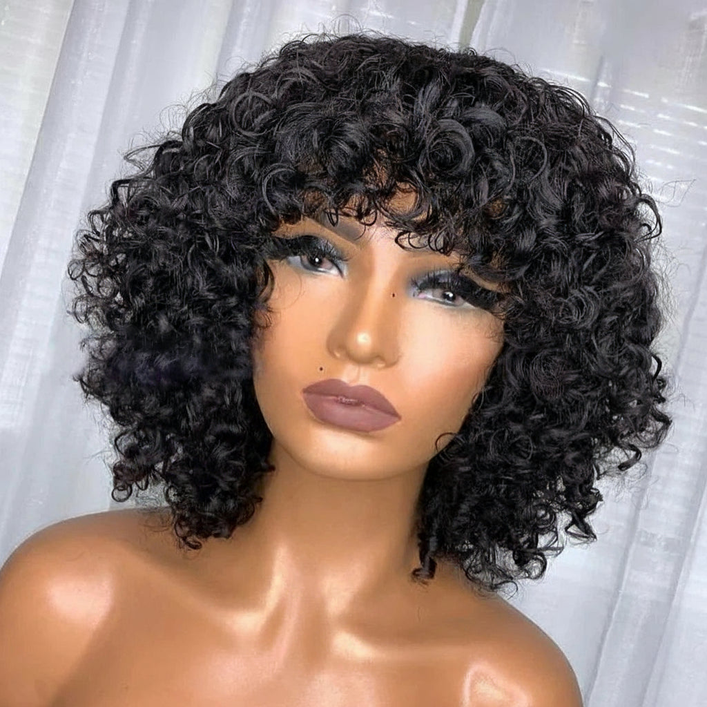 Crown Glueless Curly Bang Wig