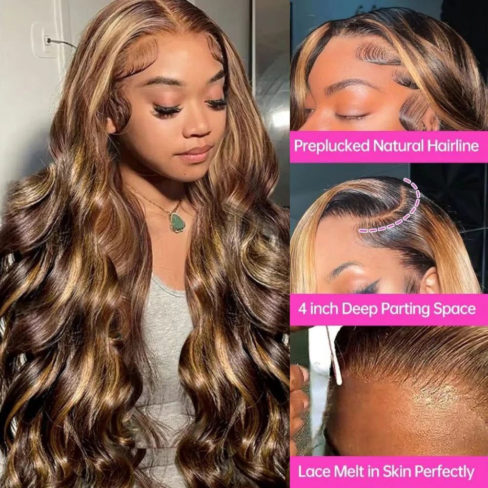 Crown Honey Blonde Highlights Body Wave Wig