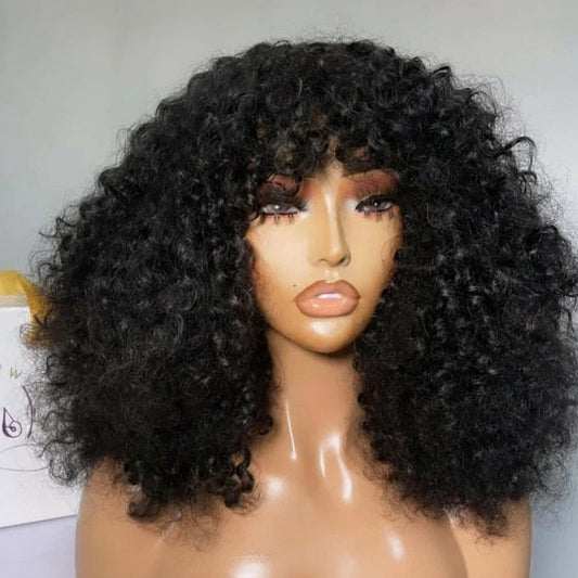 Crown Glueless Curly Bang Wig